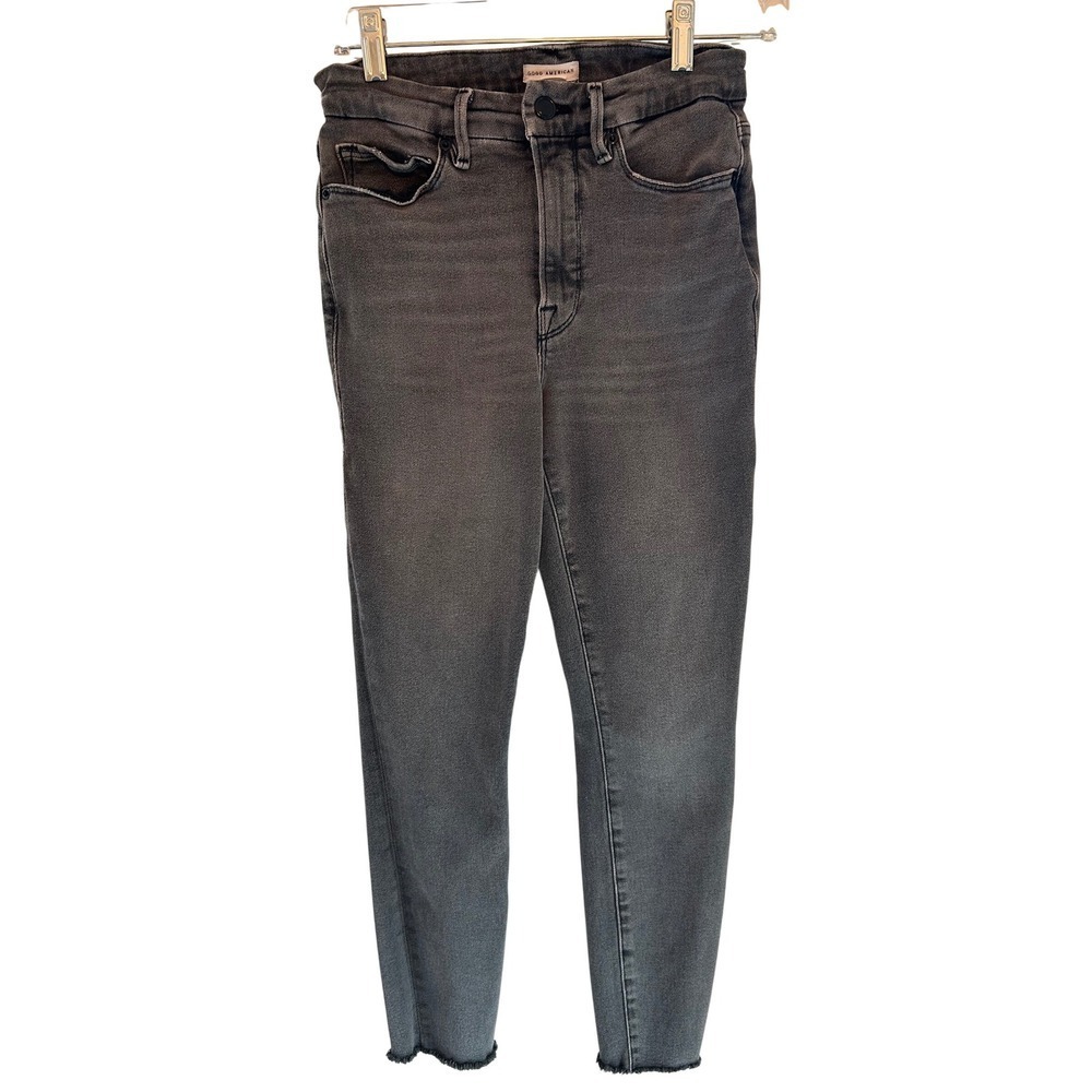 Good American Good Legs High Rise Skinny Jeans Faded Black Raw Hem Womens 4/27